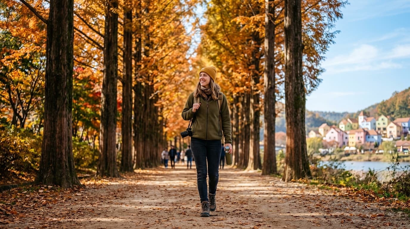 Traveler exploring Nami Island tree path with Petite France village in the distance