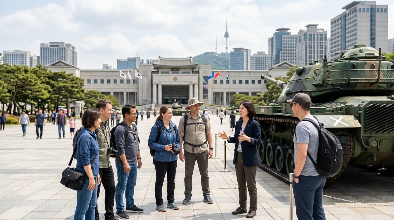 Travelers with an English-speaking guide at Seoul’s War Memorial, Yongsan in the background