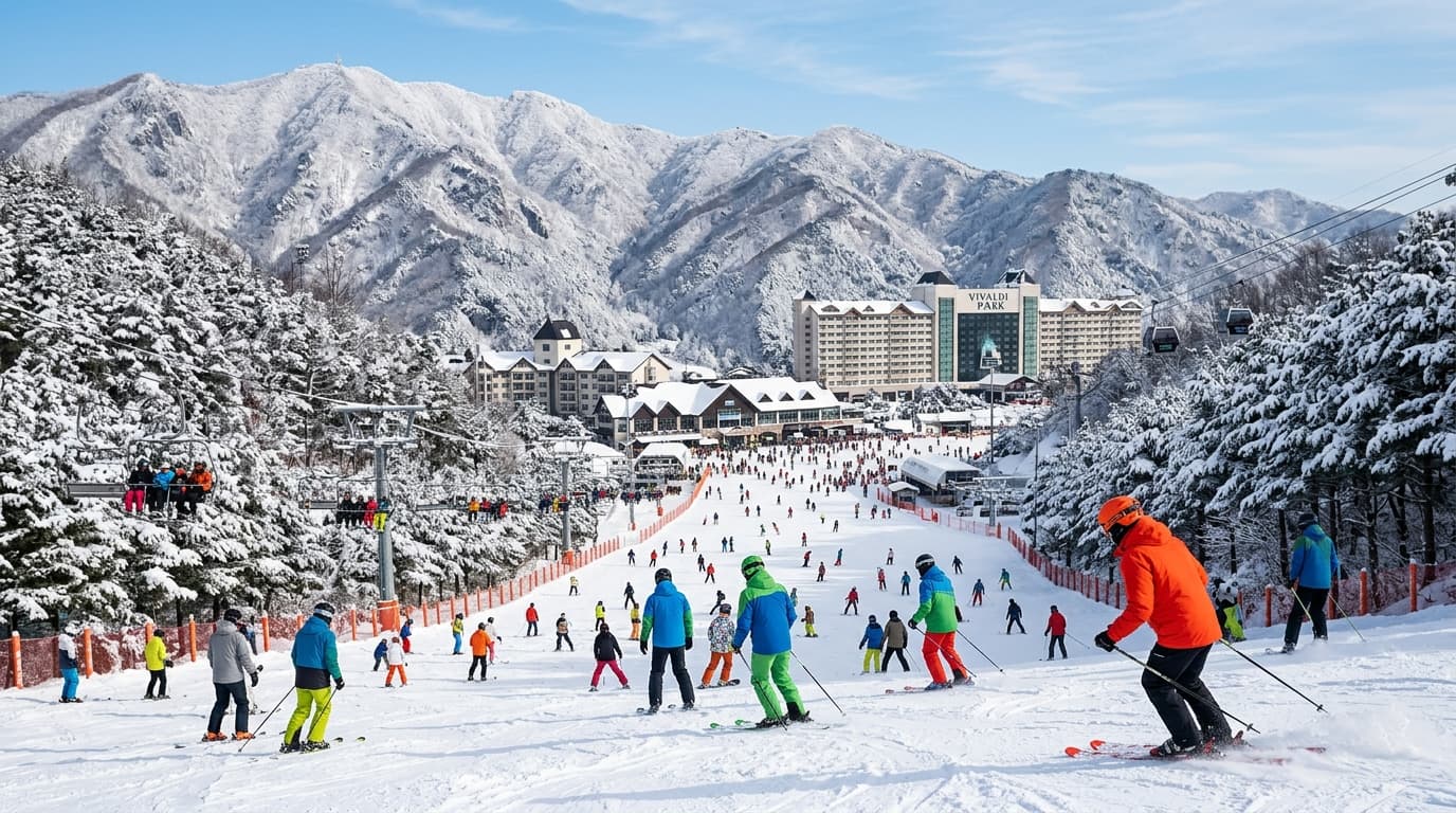 Vivaldi Park ski slopes and resort buildings with visitors enjoying winter activities