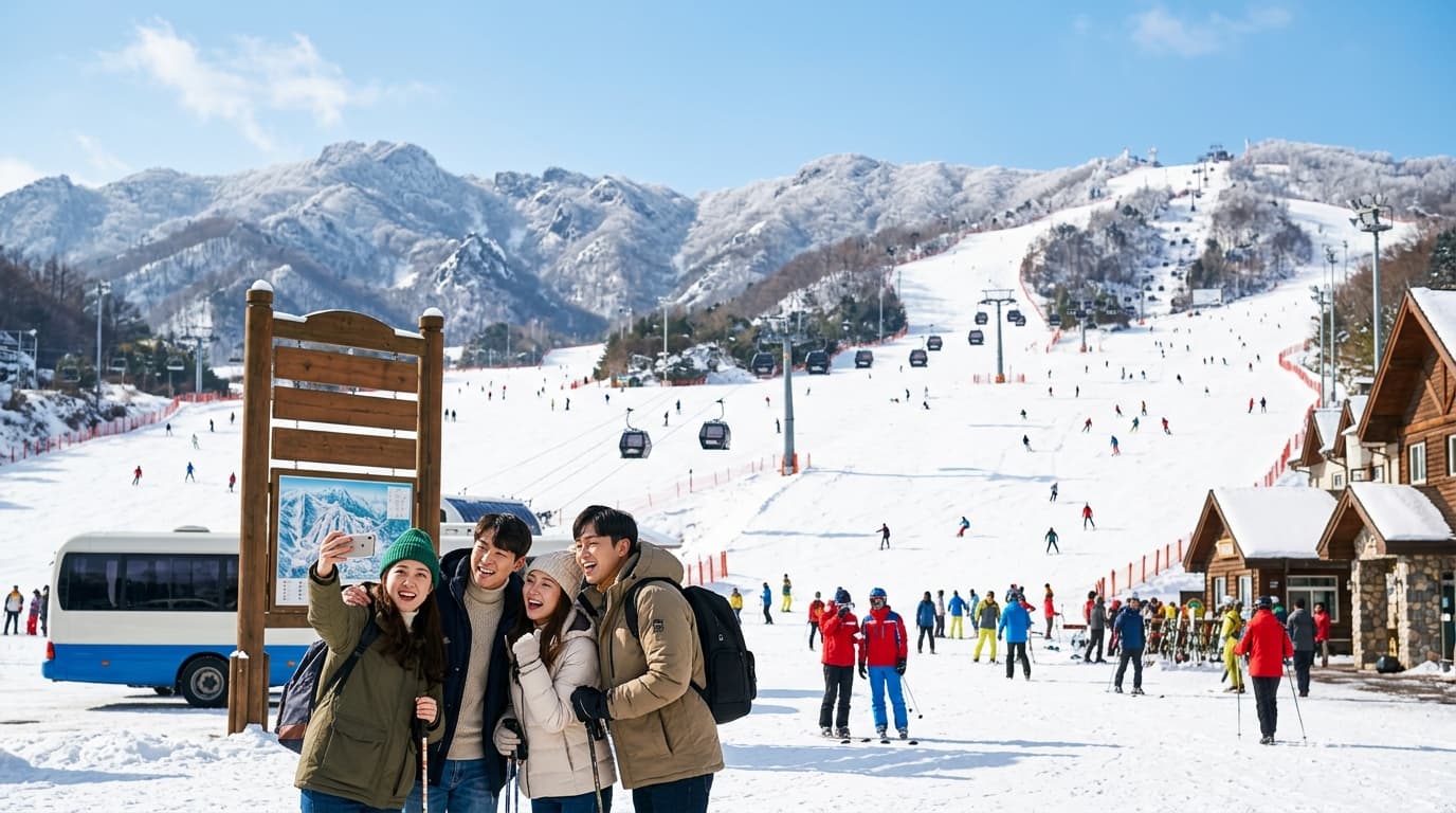 Travelers posing for photos at Vivaldi Ski Resort with snowy slopes and ski lifts in Korea