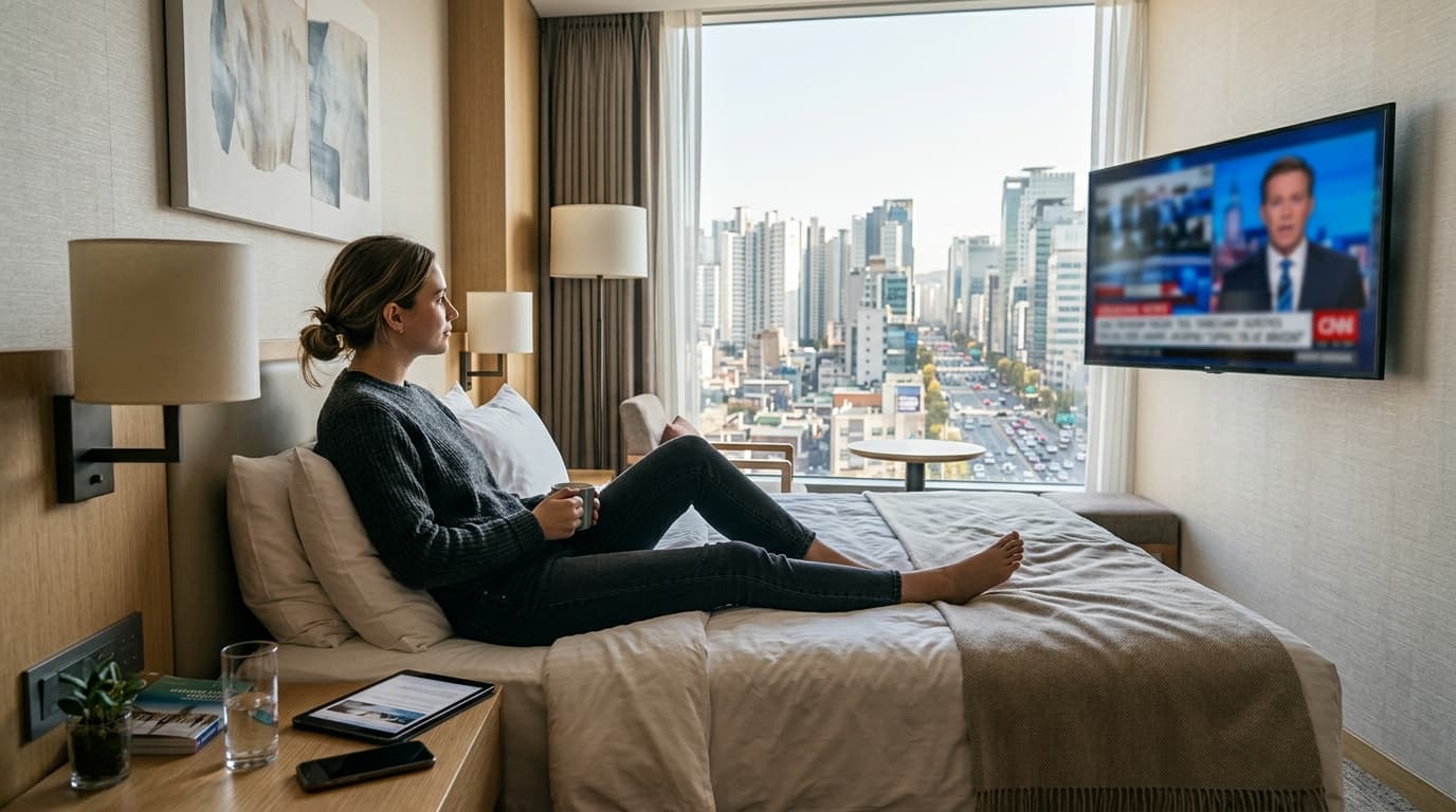 Traveler watching CNN Fareed Zakaria GPS in a Seoul hotel room with city view