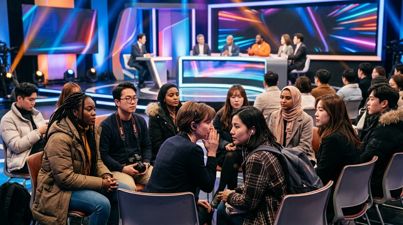 Young international visitors in a Seoul TV studio watching a live debate with interpreter support