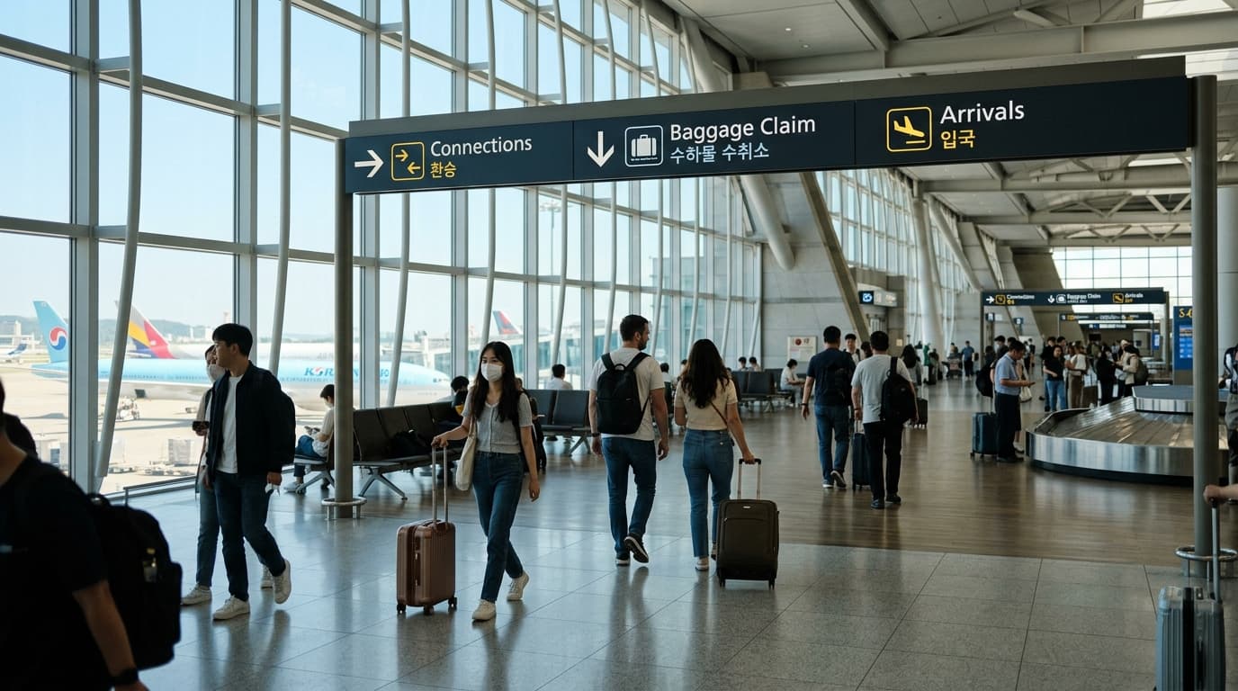 Travelers arriving at Incheon Airport in Seoul, moving through a calm, well-lit terminal