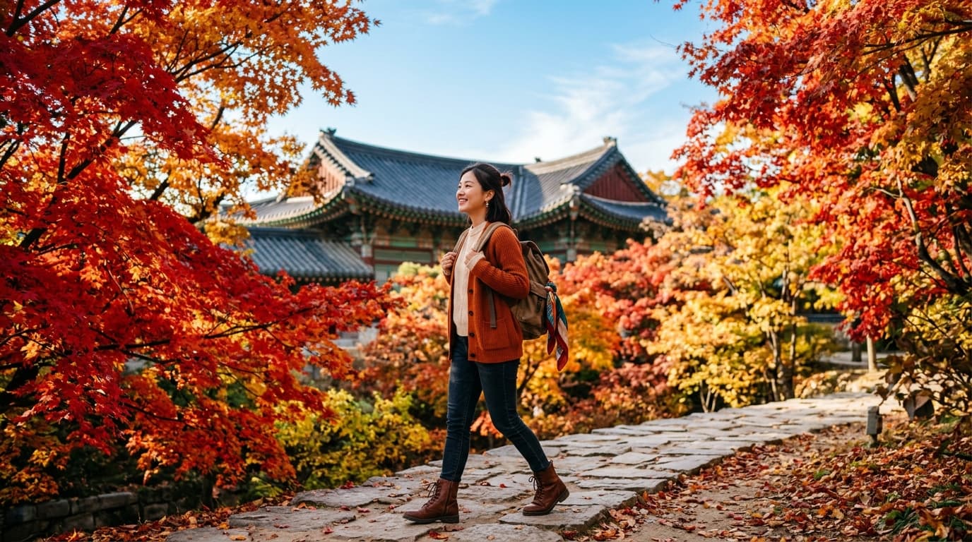 Traveler strolling through autumn foliage at a Seoul palace garden with colorful leaves