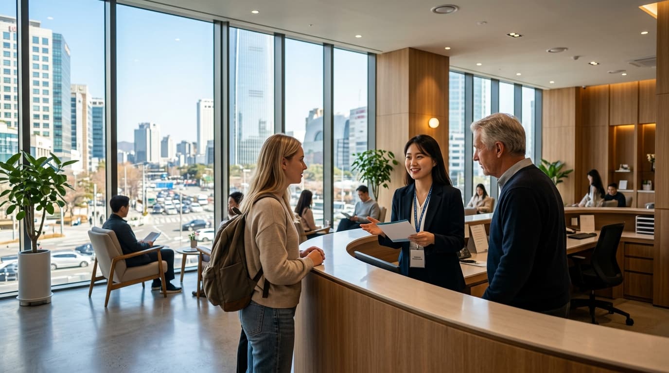 International visitors with an English interpreter at a modern Seoul plastic surgery clinic in Gangnam