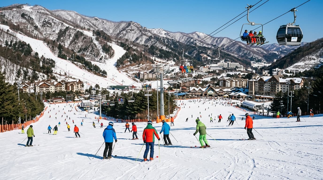 Skiers enjoying the snowy slopes at Yongpyong Ski Resort with chairlifts and village visible in Korea