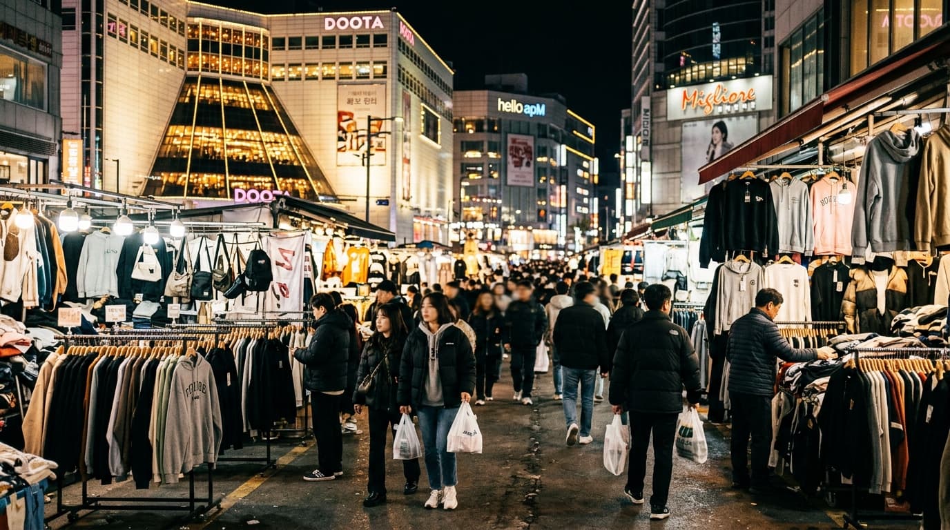 Dongdaemun wholesale market at night with shoppers and bright building lights in Seoul