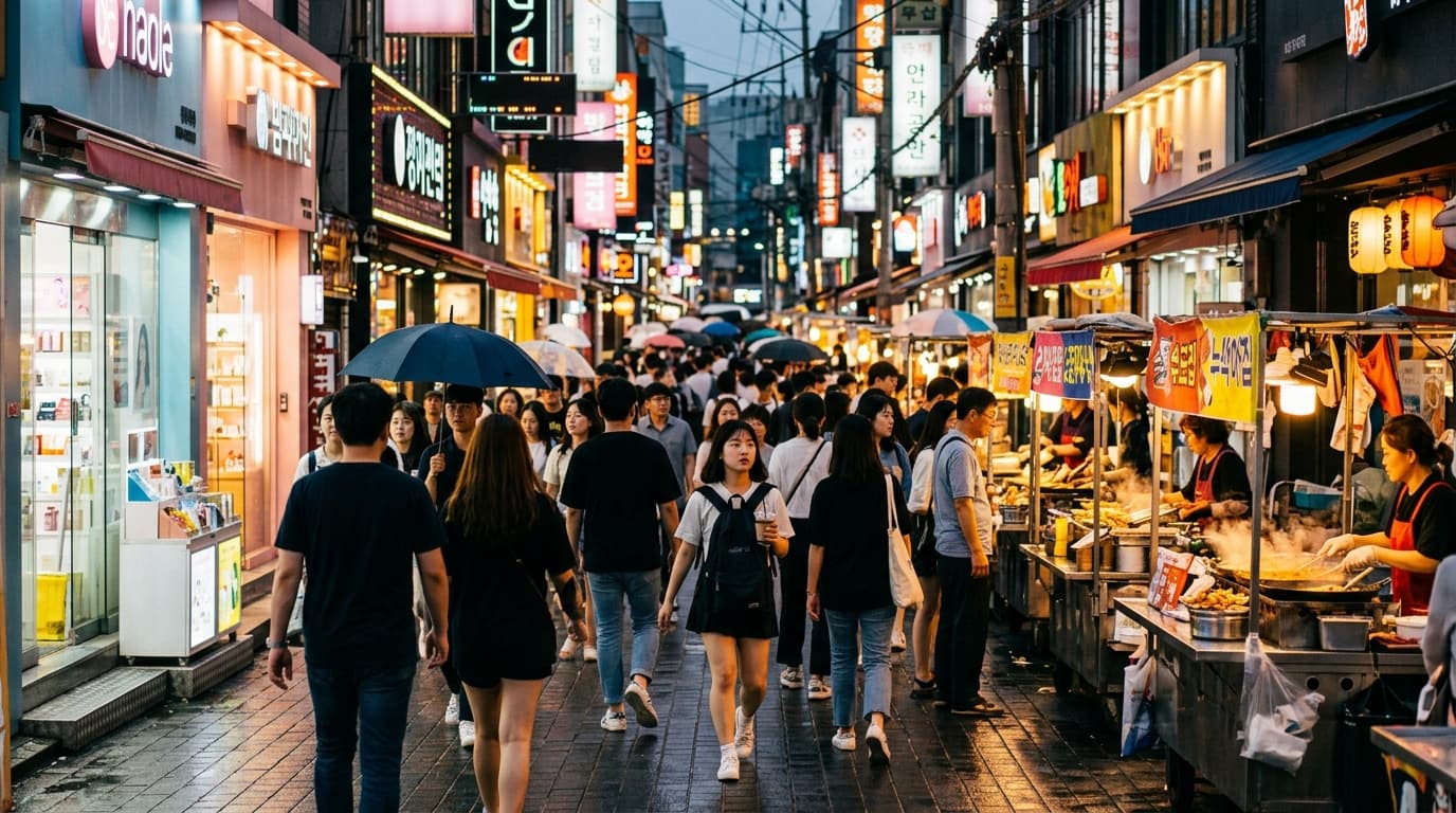 Myeongdong Shopping Street in Seoul, filled with shoppers and glowing neon signs at dusk