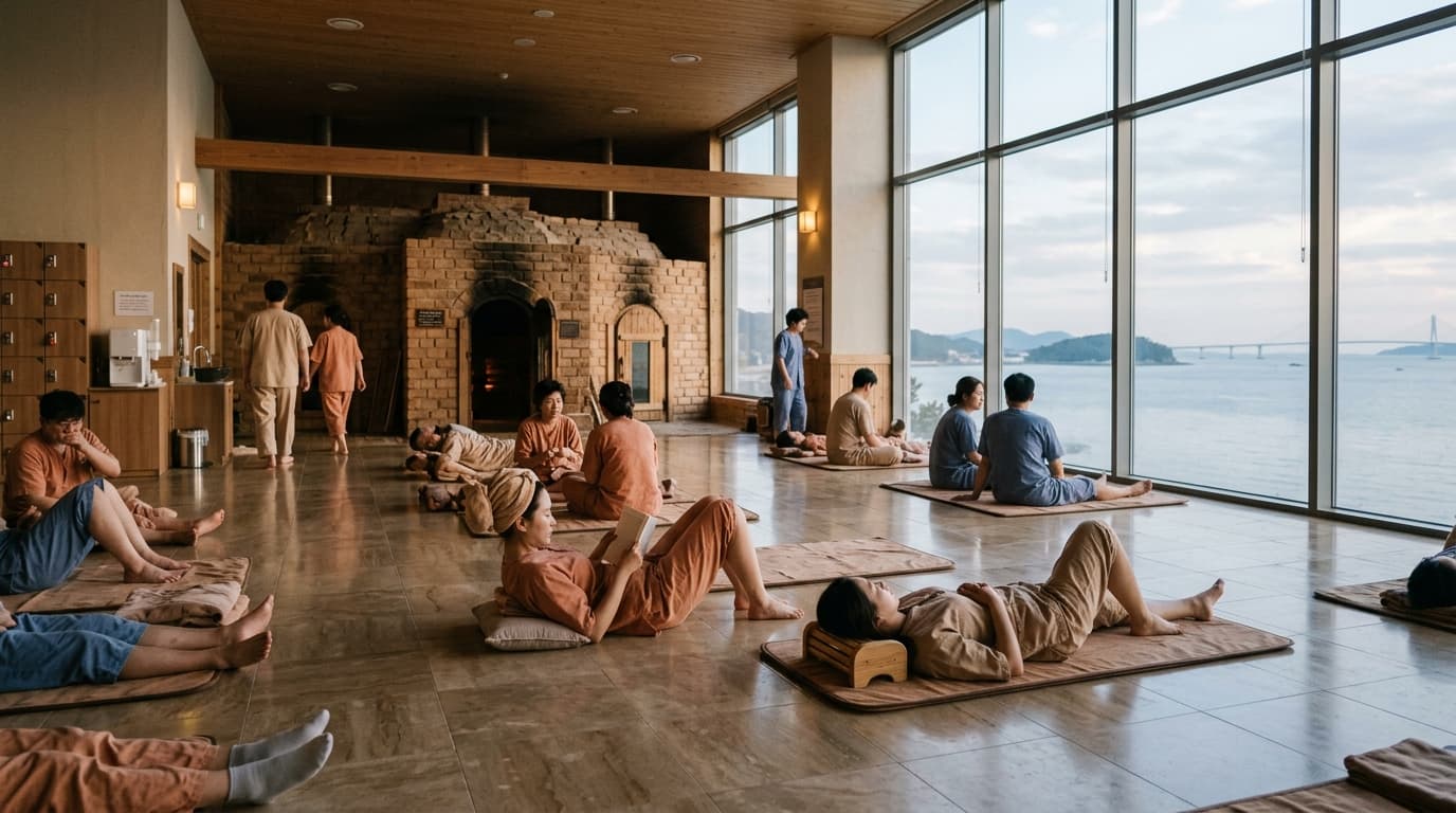 People relaxing inside a modern jjimjilbang spa in Incheon with daylight and ocean view