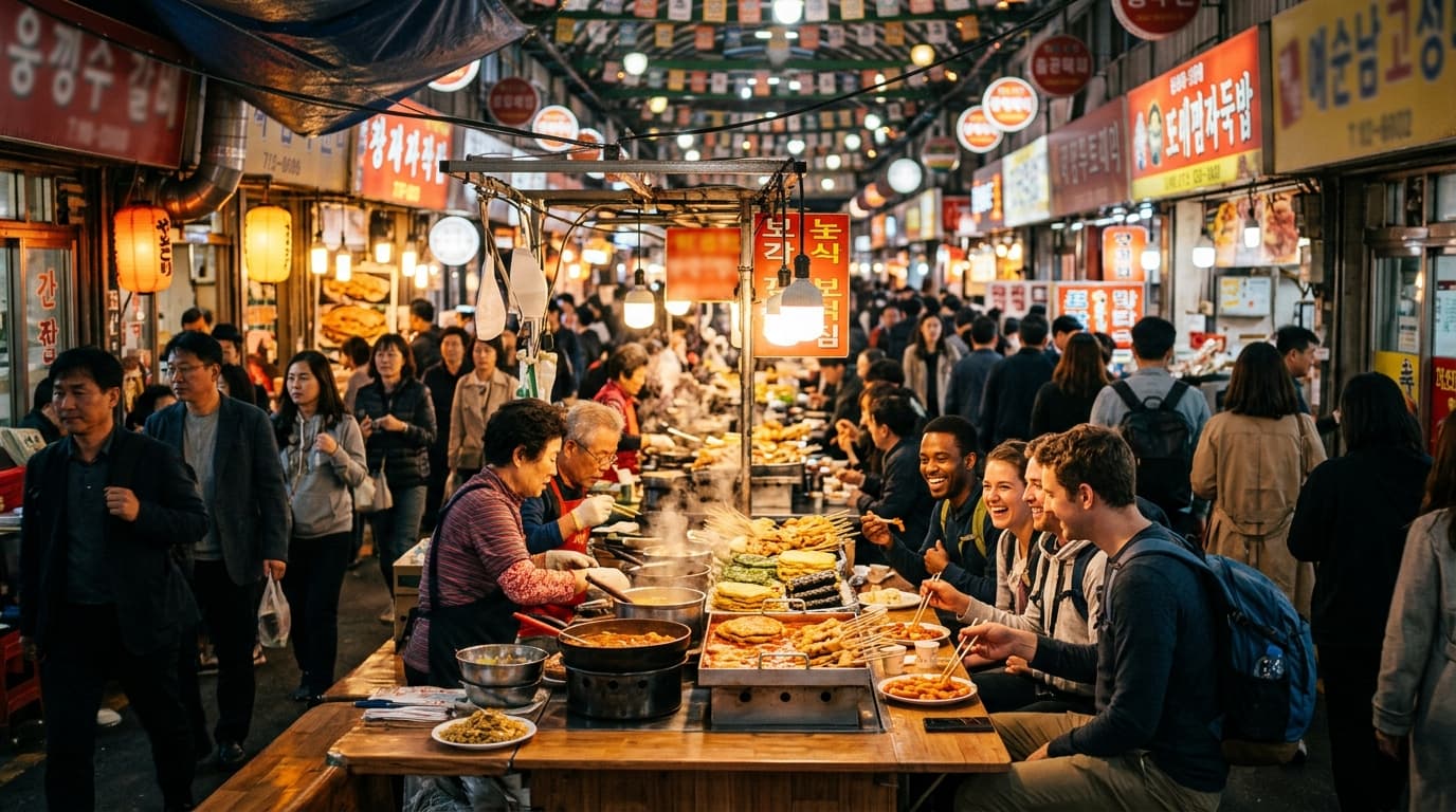Tourists and locals exploring busy food stalls at Gwangjang Market in Seoul
