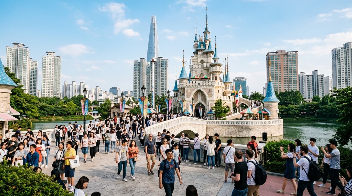 Lotte World Magic Island castle with international tourists and Seoul cityscape