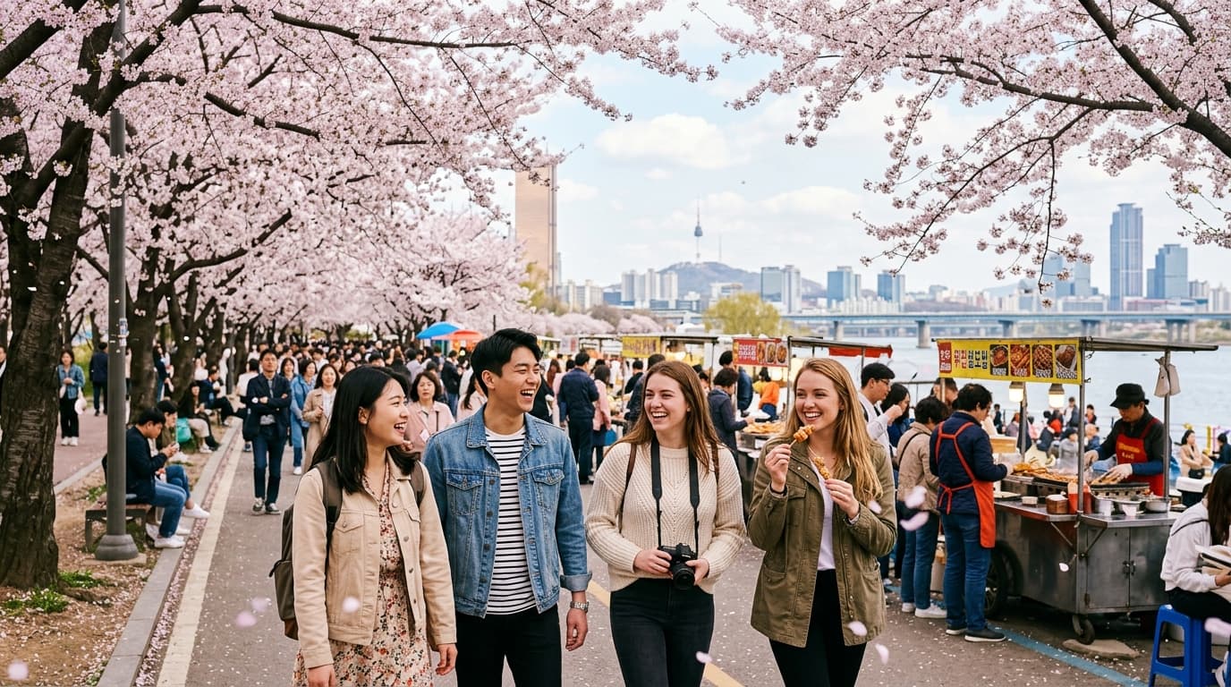 Travelers enjoying cherry blossoms at Yeouido Han River Park in Seoul