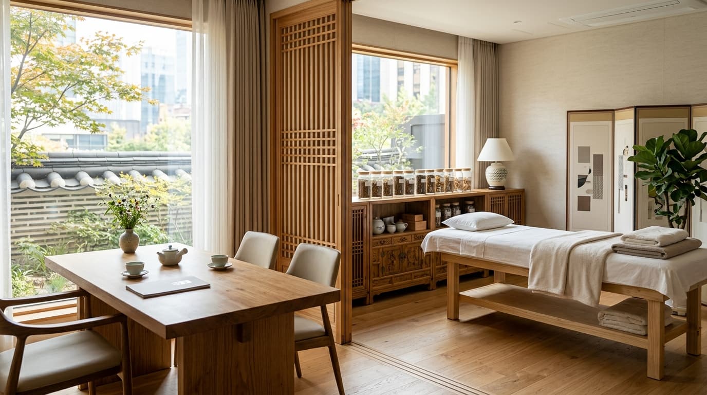 Modern oriental medicine clinic interior in Seoul with traditional decor and treatment setup