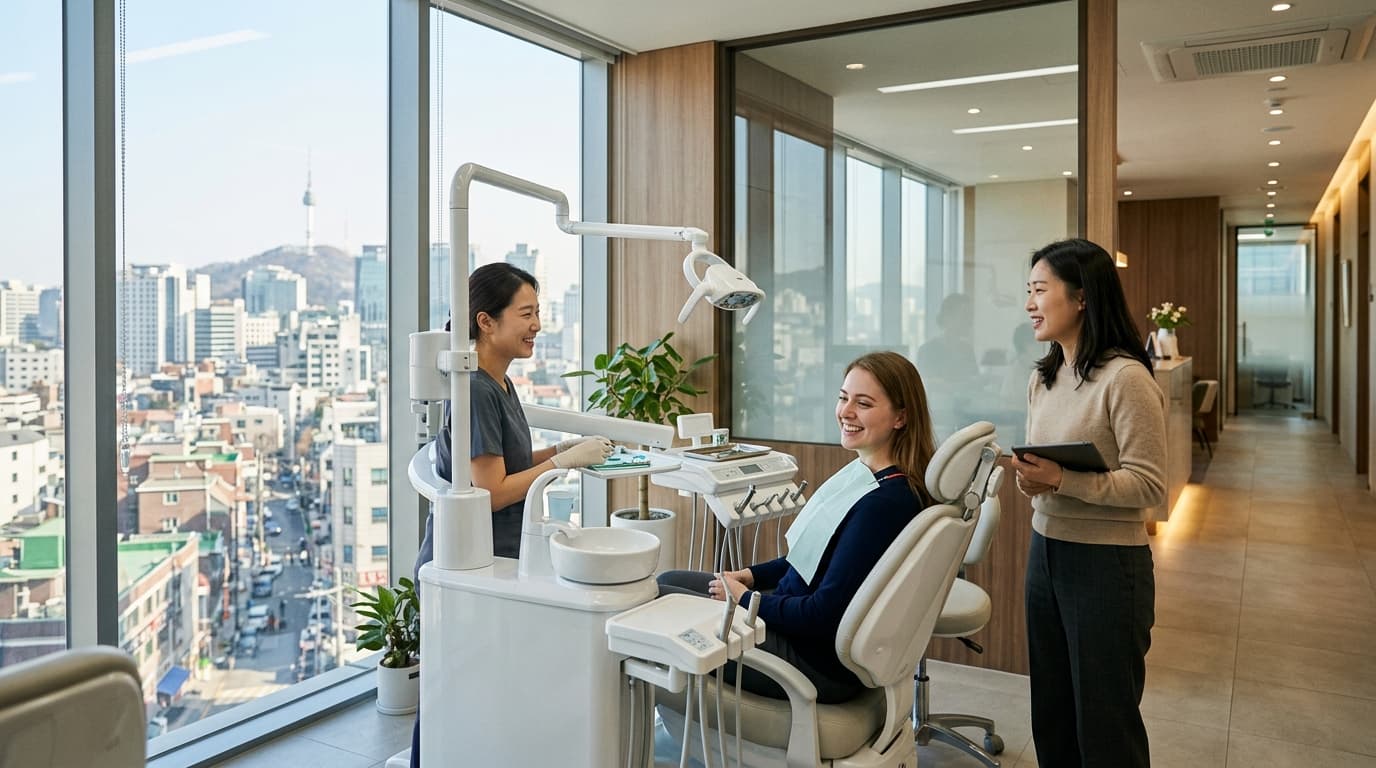 Foreign visitor at a Seoul dental clinic with an English interpreter and city view