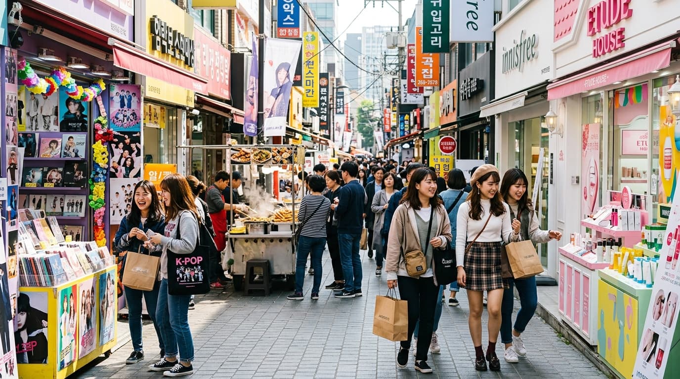明洞ショッピングストリートを歩く日本人女性観光客の様子