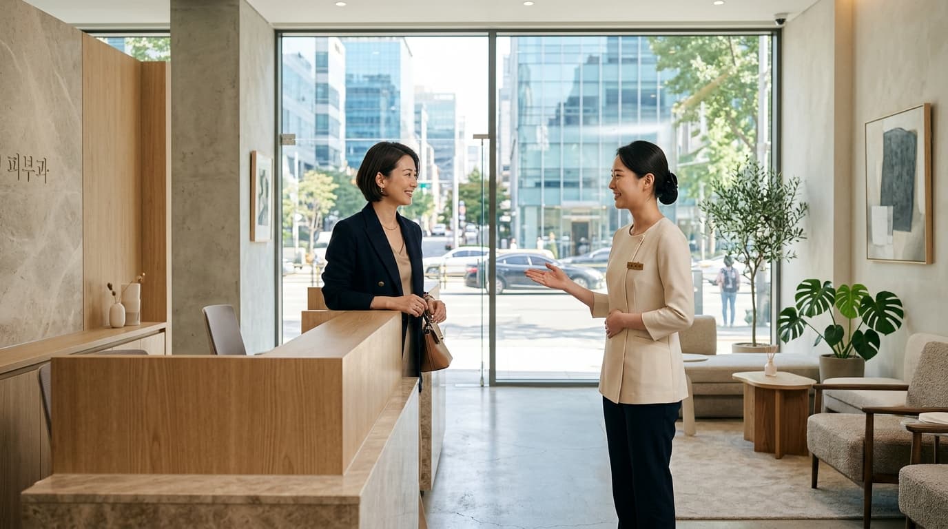 ソウルの美容皮膚科で日本人女性がスタッフに案内されている様子