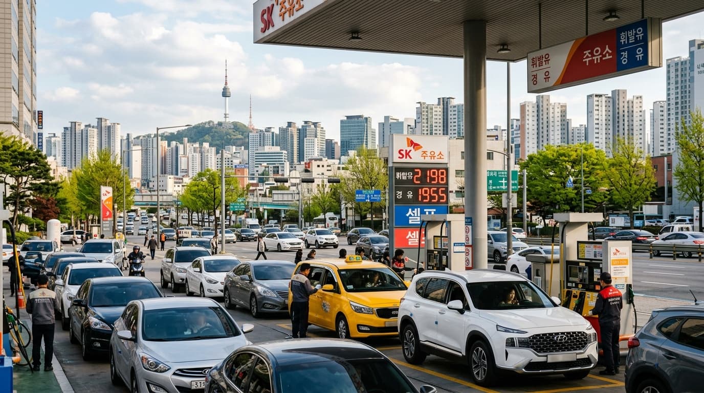 春のソウル市内でガソリンスタンドに並ぶ車の列と価格表示