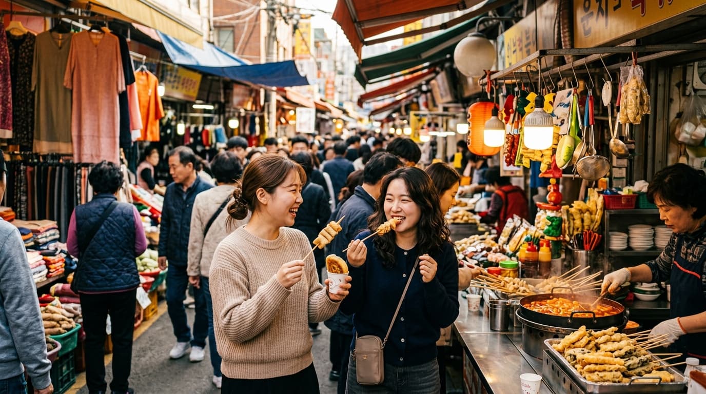 ソウルの望遠市場で食べ歩きを楽しむ女性たちの様子