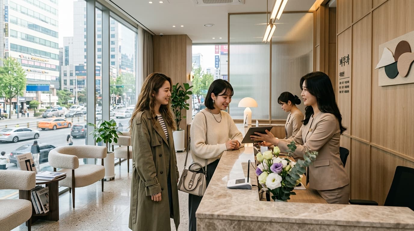 江南エリアのオン皮膚科受付で日本人女性がチェックインする様子