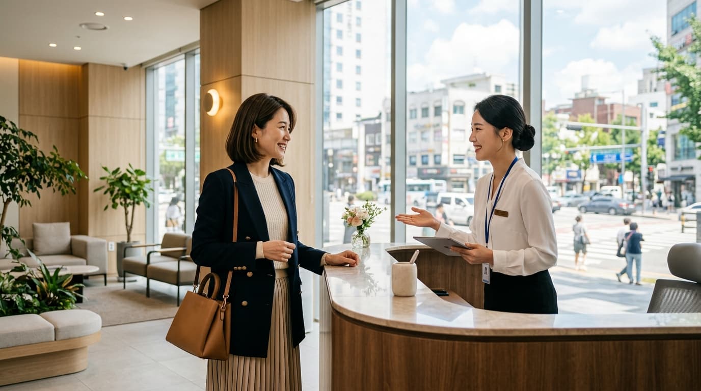 韓国の美容クリニック受付で日本人女性が日本語で案内を受けている様子