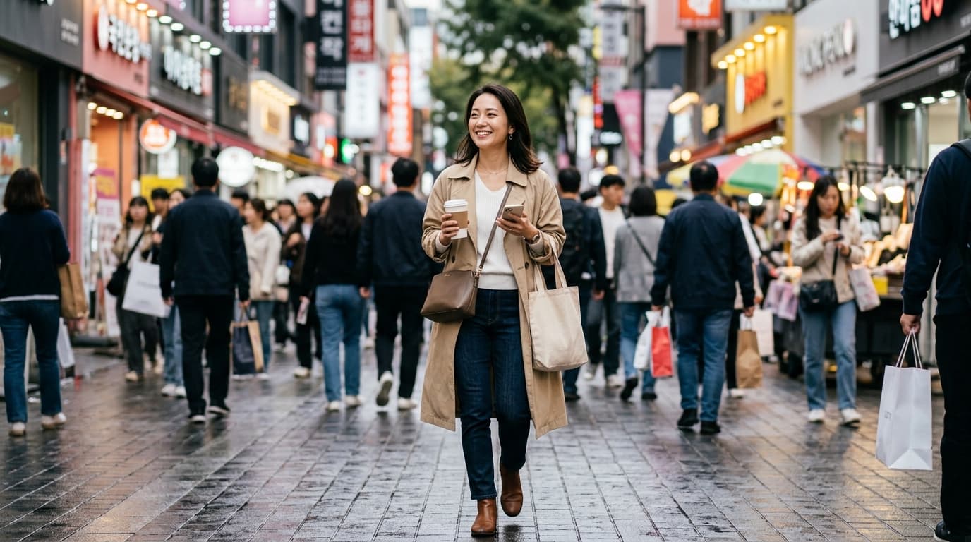 明洞ショッピングストリートを歩く日本人女性、術後ケア後の肌が輝いている様子