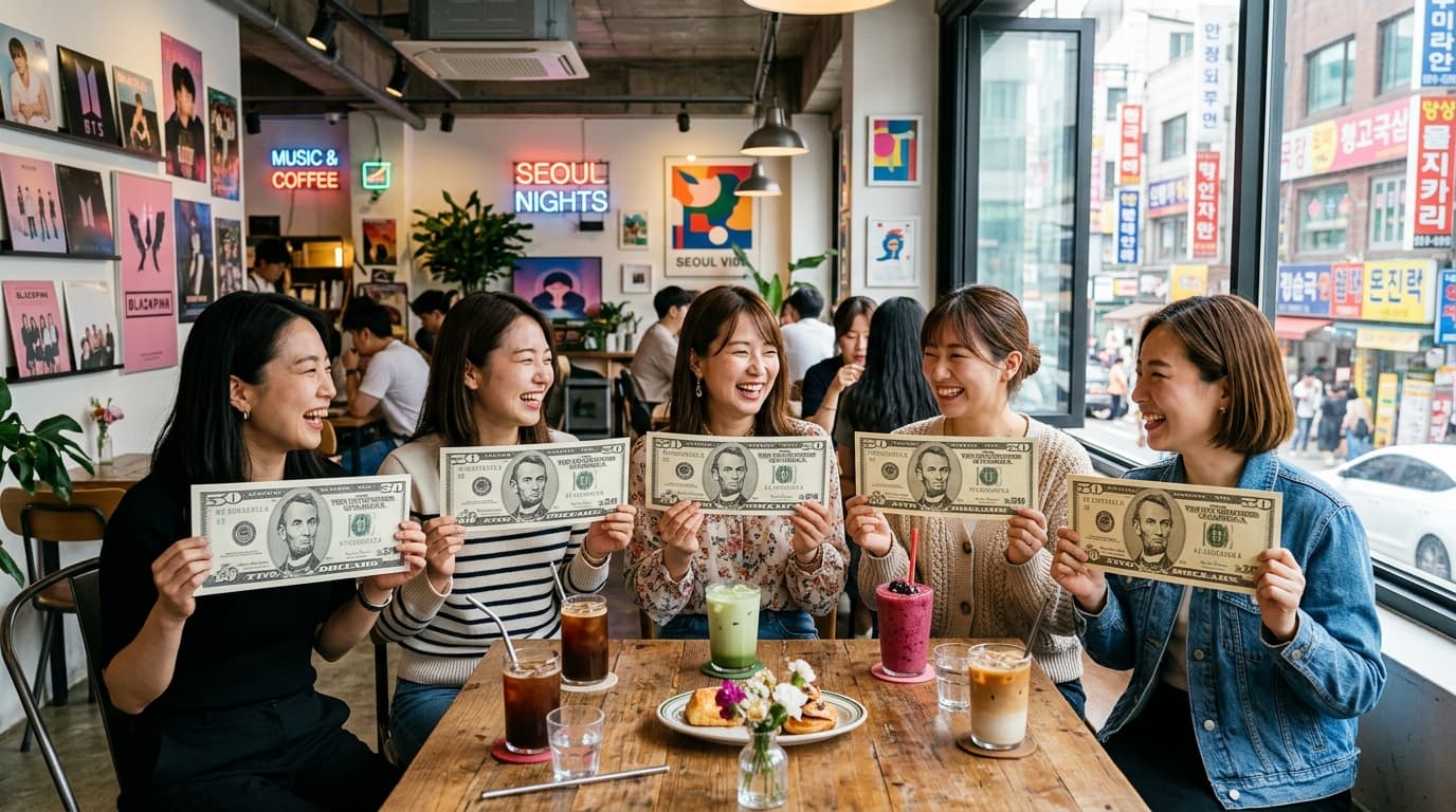 韓国ソウルのカフェでトランプ$250札を持って記念撮影する日本人女性たち