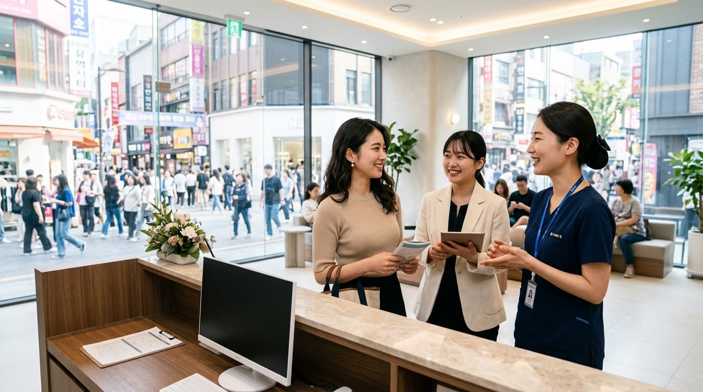明洞の美容皮膚科で日本人通訳と受付する日本人女性