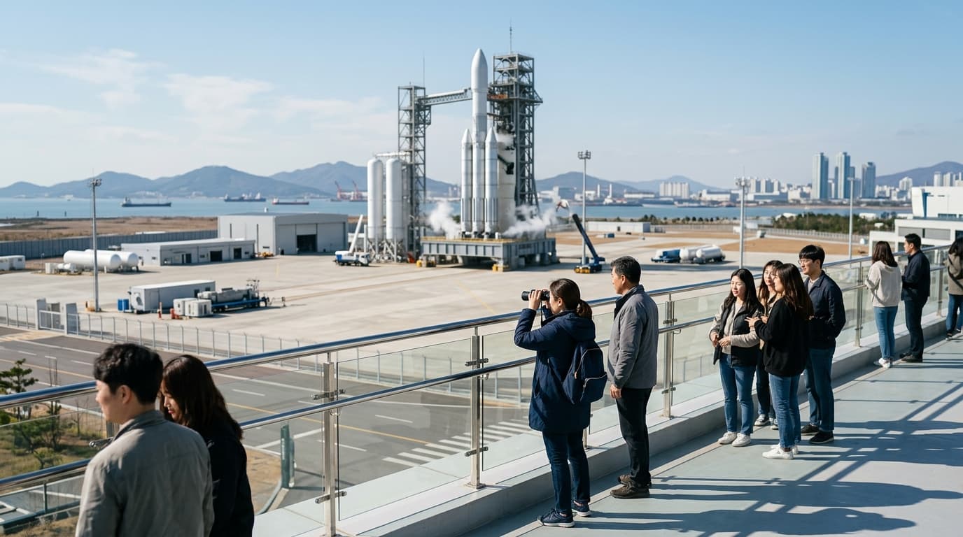 仁川近郊のロケット実験場を見学する観光客の様子