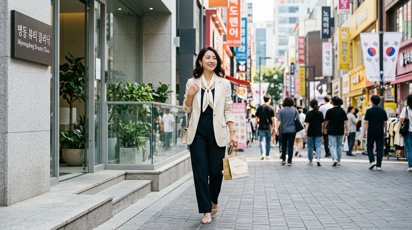 ソウルの美容クリニックを出て明洞に向かう日本人女性の写真