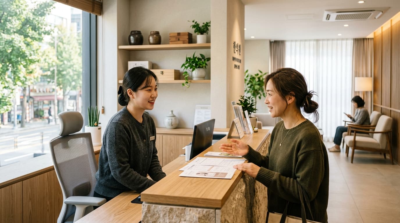 ソウルの現代的な韓方クリニックの受付で日本人女性が通訳と相談している様子