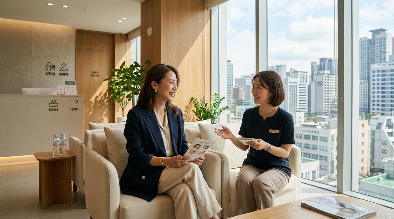 韓国ソウルの美容皮膚科で日本人女性がカウンセリングを受けている様子