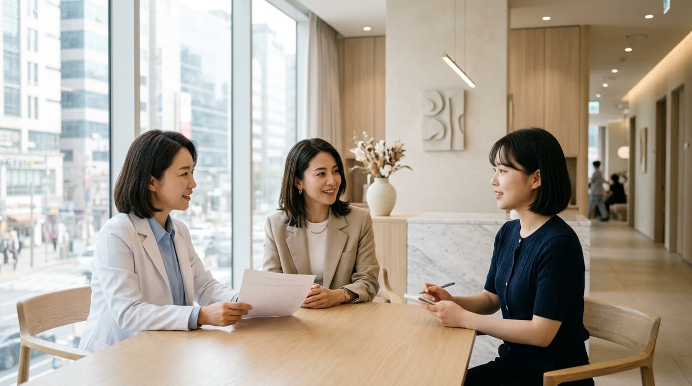 韓国ソウルの美容皮膚科で日本人女性が通訳と一緒に相談する様子