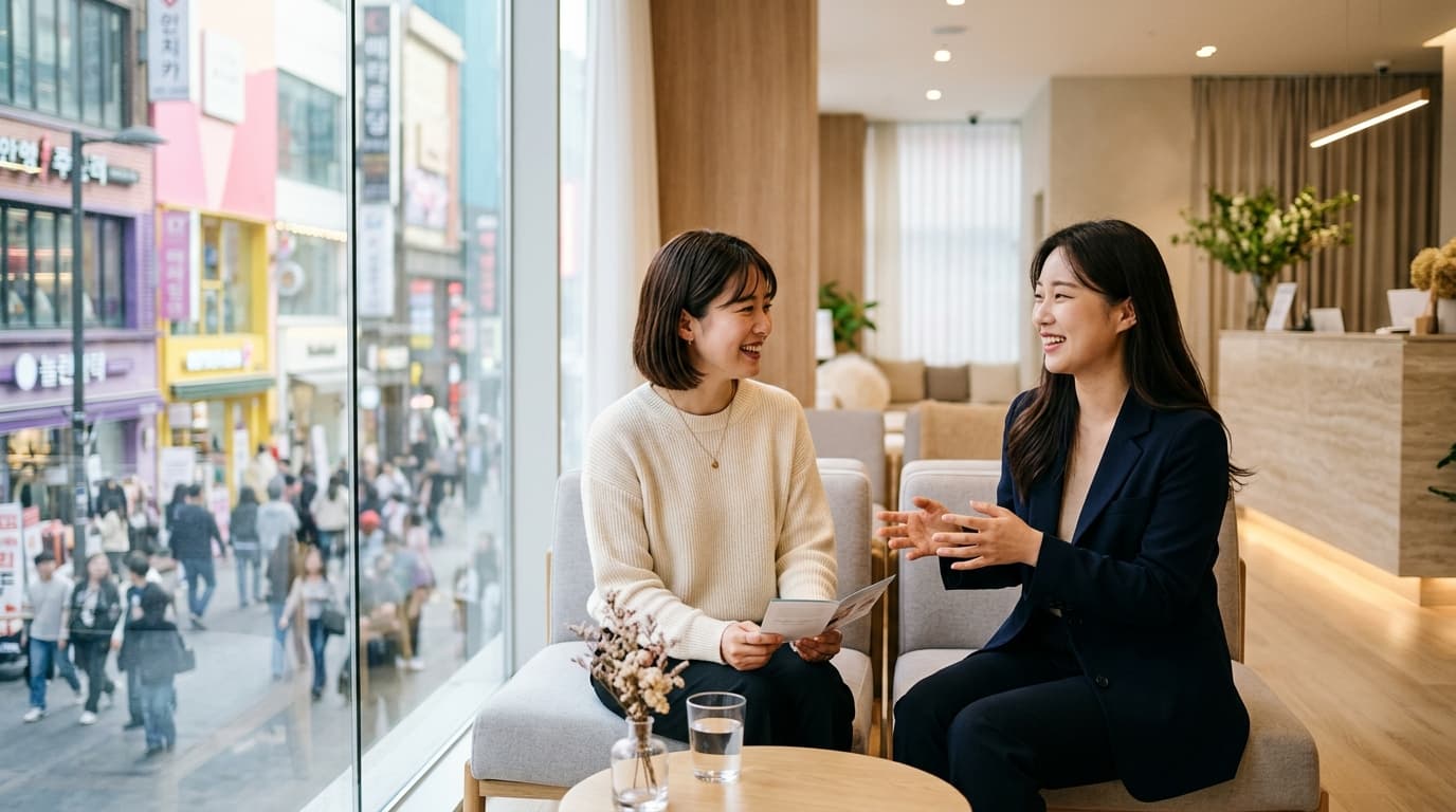 明洞の美容皮膚科で日本人女性と通訳が相談する様子