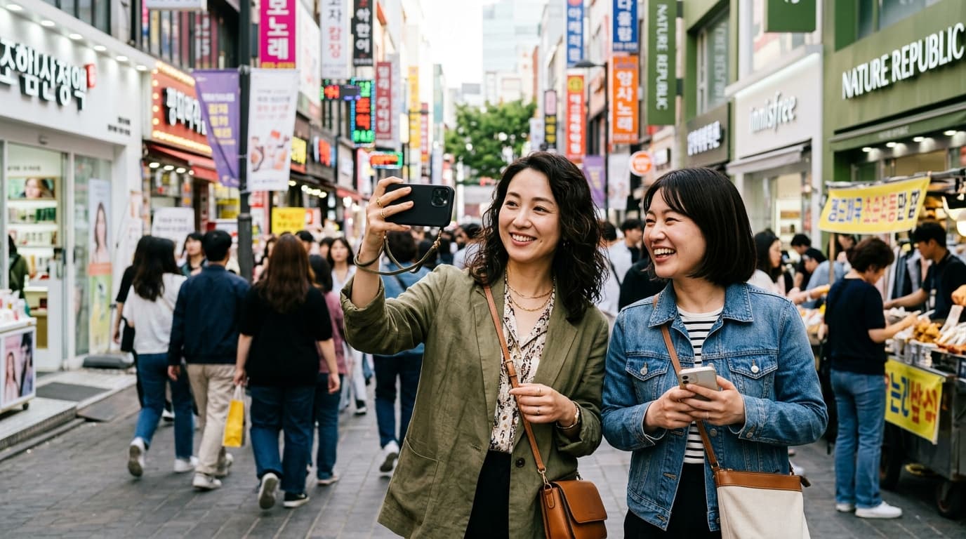 明洞のストリートでスマホを構える日本人観光客女性たち