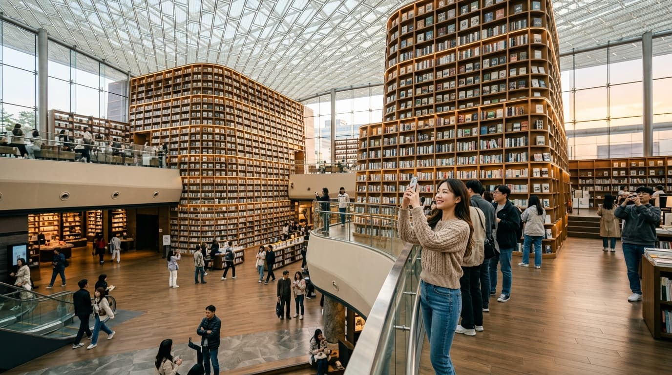 ソウル COEXモール内の星空図書館で本棚を背景に写真を撮る人々