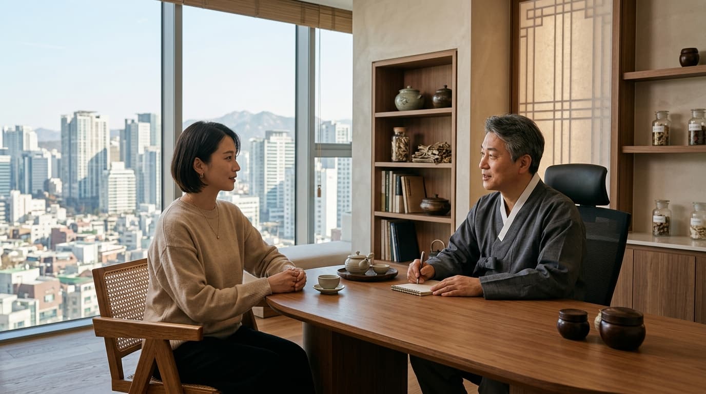 韓国の韓方クリニックで日本人女性が医師と相談している様子