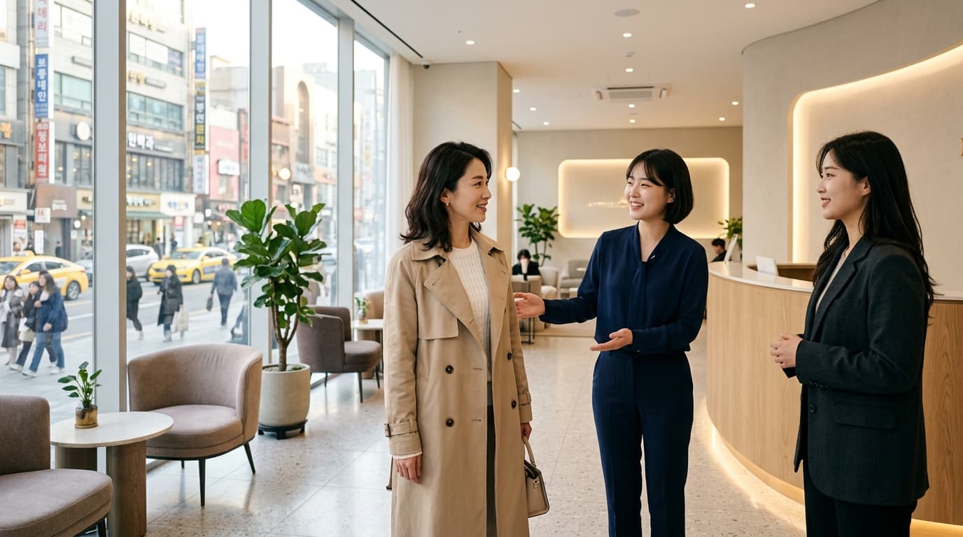 ソウルの美容皮膚科ロビーで日本人女性がスタッフと通訳に迎えられている様子