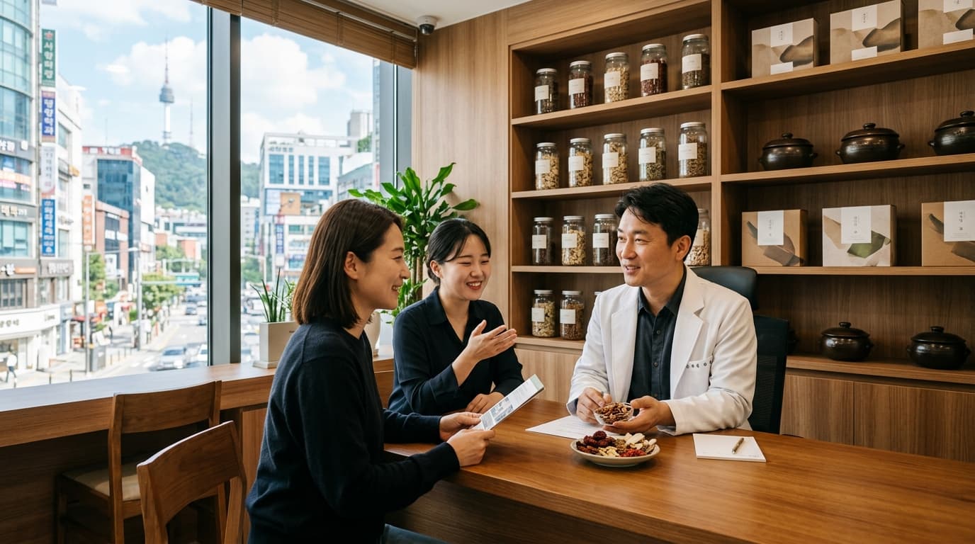 韓国の漢方クリニックで日本人女性が通訳と相談している様子