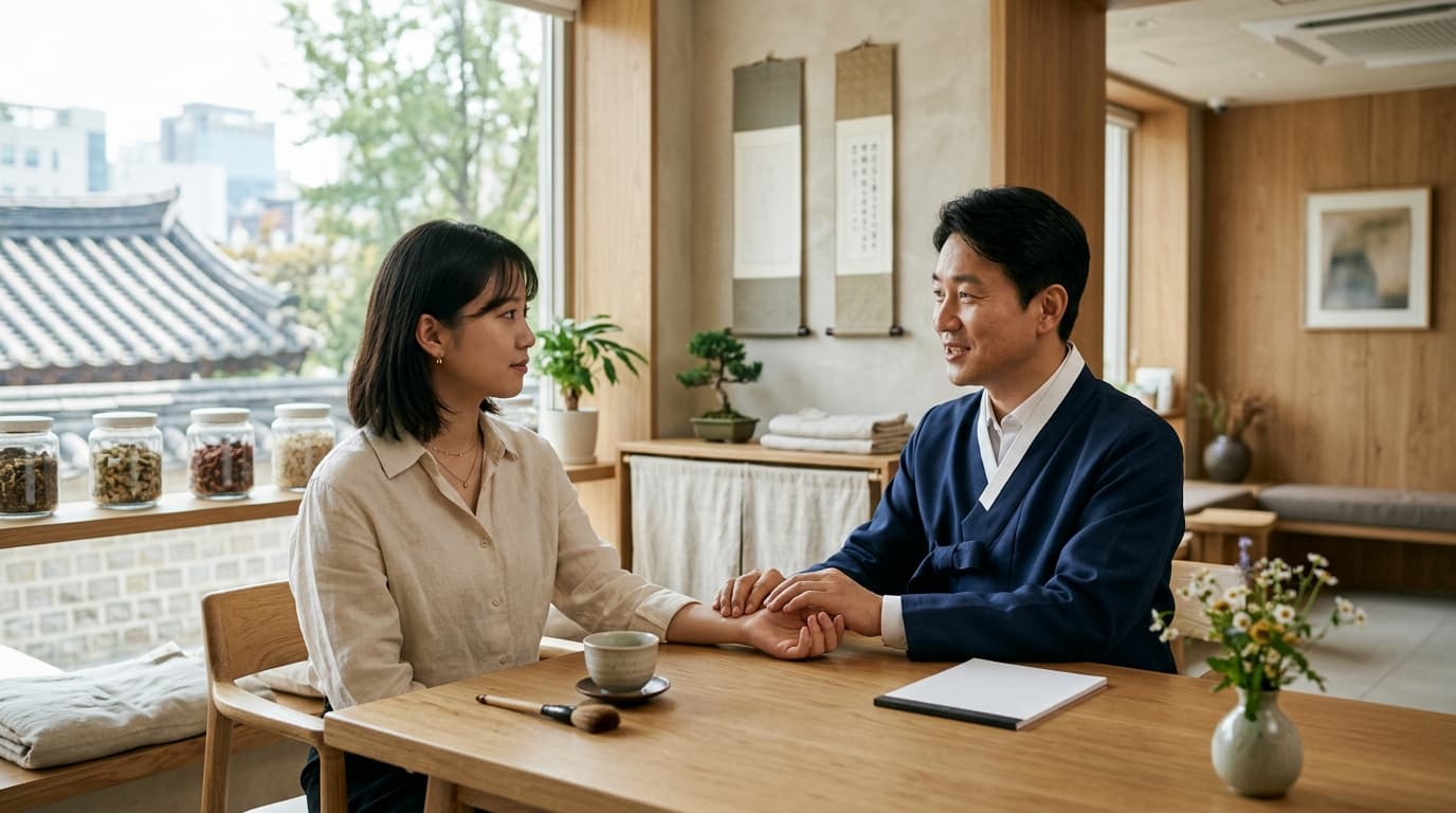 ソウルの韓方クリニックで日本人女性がカウンセリングを受ける様子