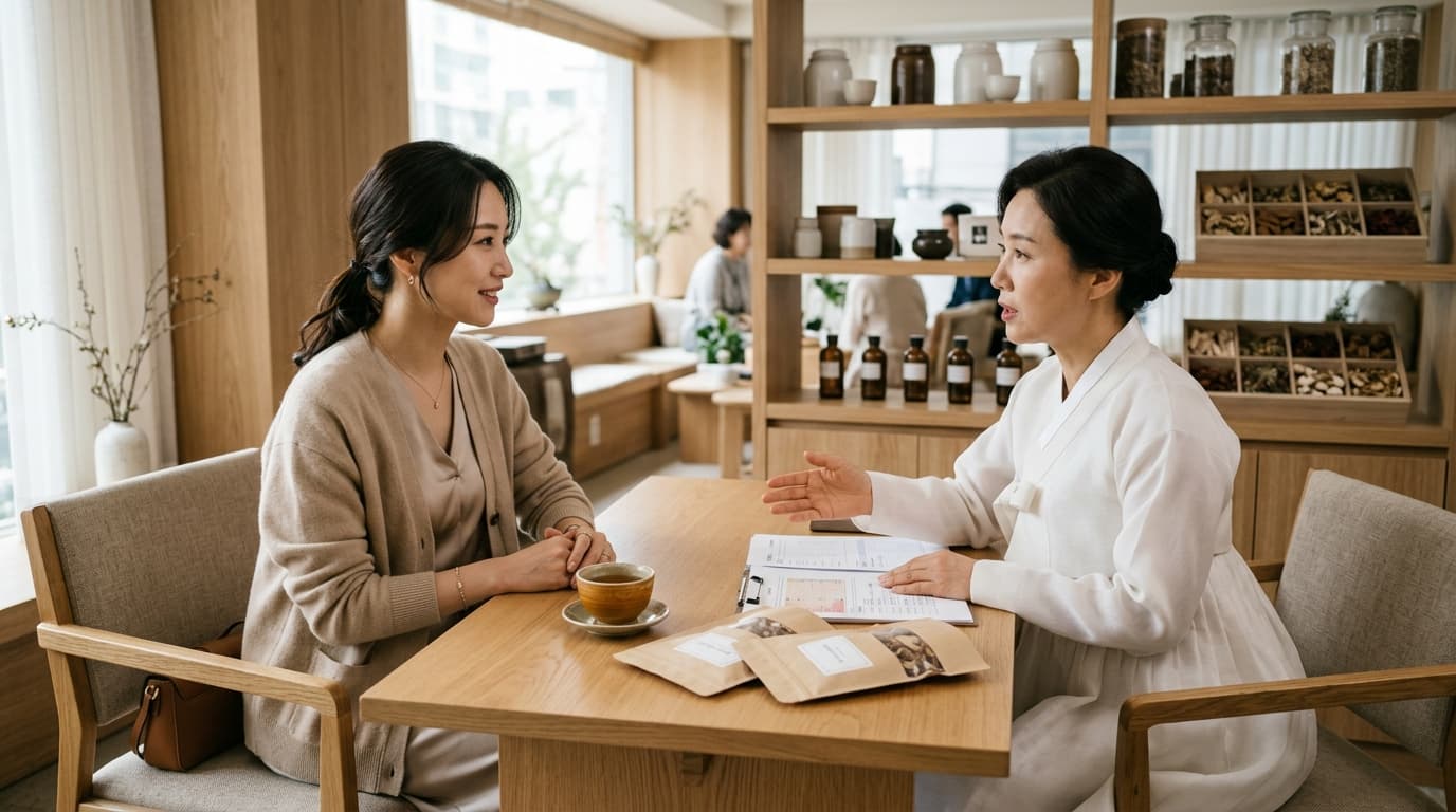 韓国の漢方クリニックで日本人女性がカウンセリングを受けている様子
