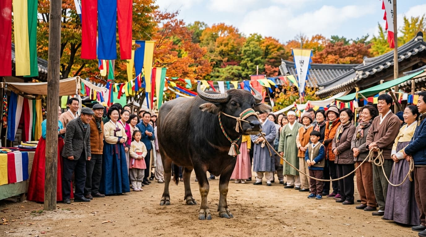 韓国の伝統祭り会場で柵越しに見学できるバッファローの様子