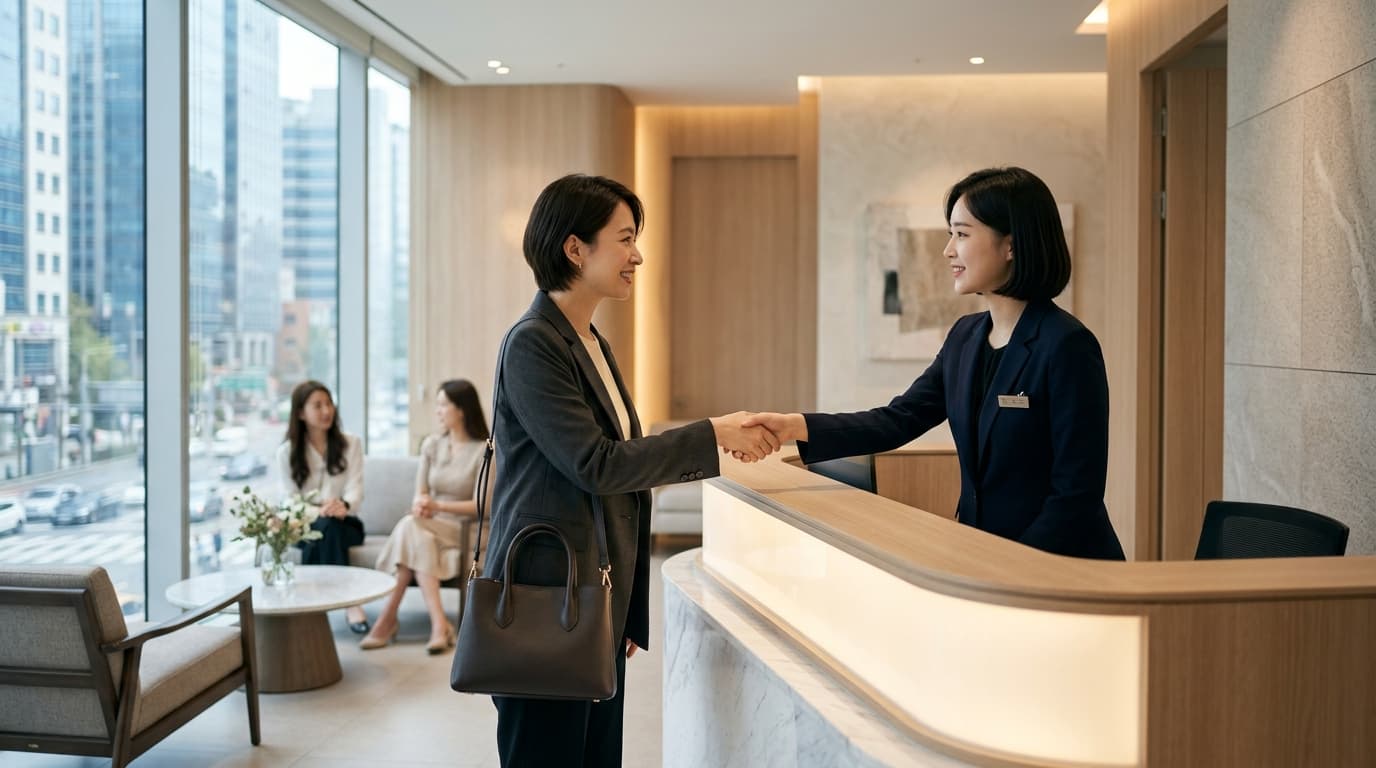 ソウル・江南のグランド美容外科受付で日本人女性がスタッフに案内される様子