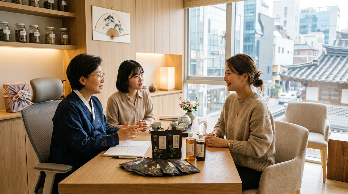 韓国のクリニックで日本人女性が韓方薬ダイエットの相談をしている様子