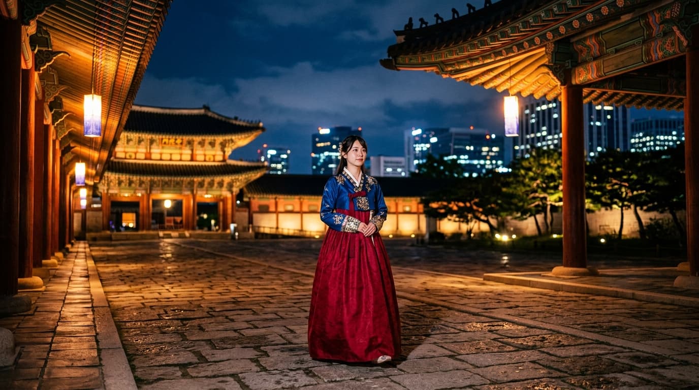 ライトアップされた夜の景福宮で韓服姿の日本人女性が歩くシーン