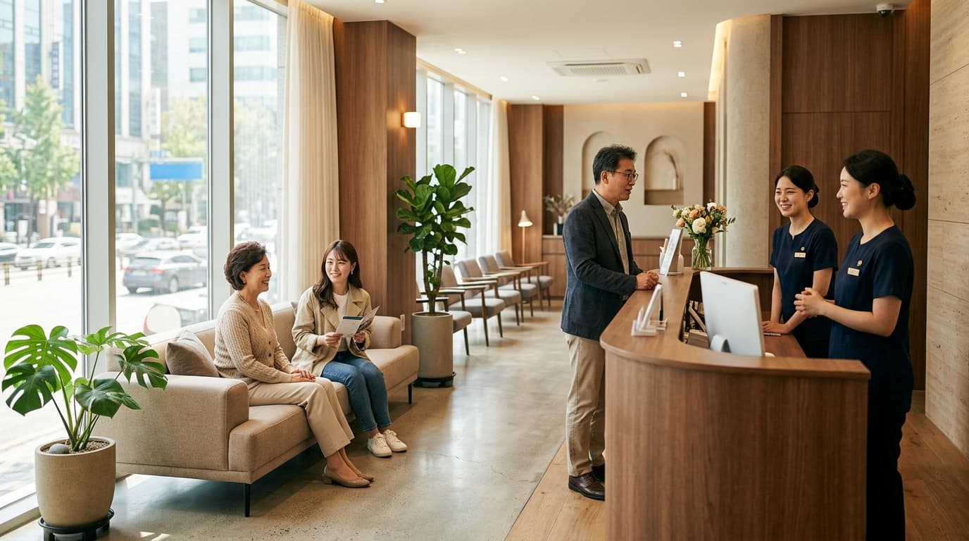 ソウル江南のHEALYNG眼科受付で日本人女性が案内を受けている様子