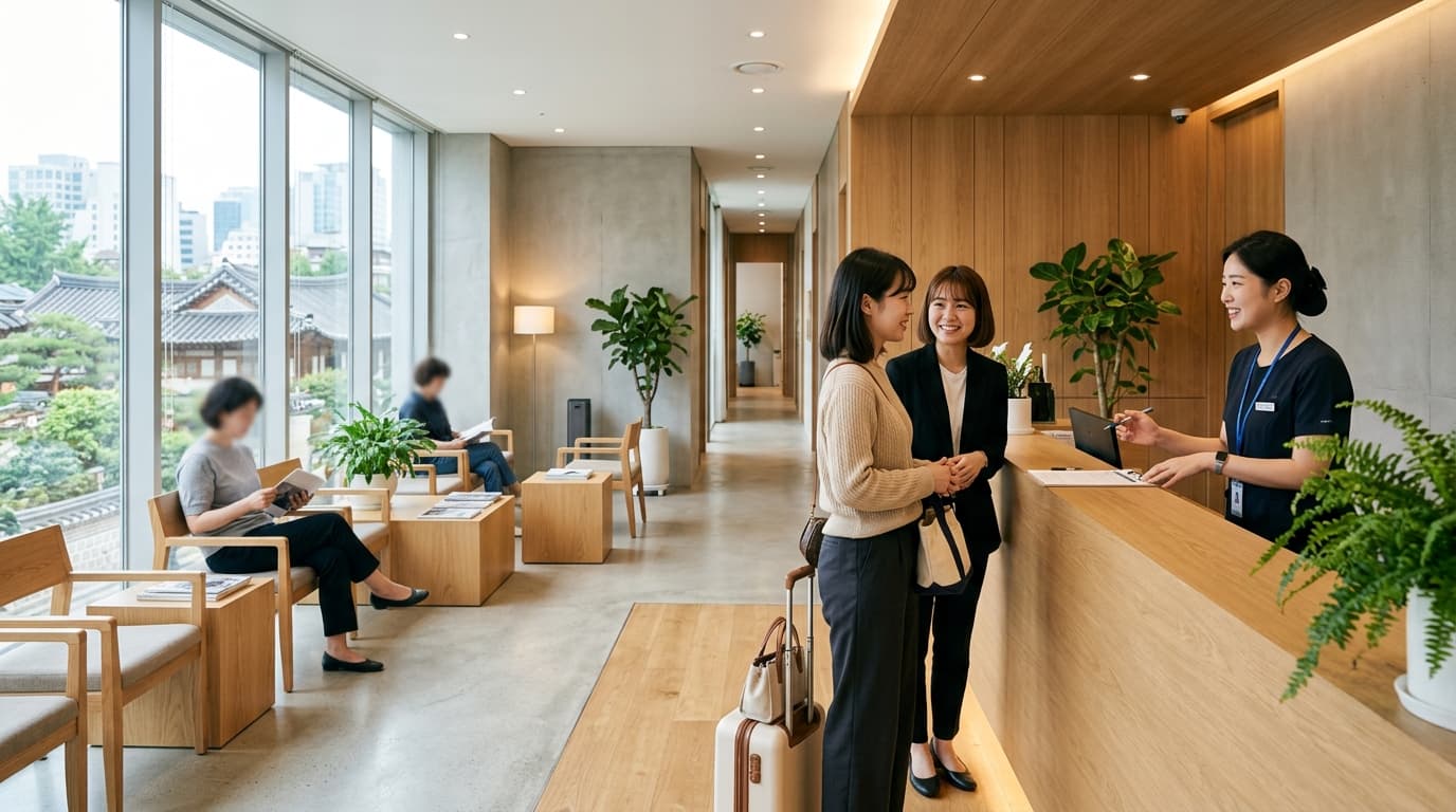 江南のI Eye Clinic受付で日本人女性が通訳とともに案内を受けている様子