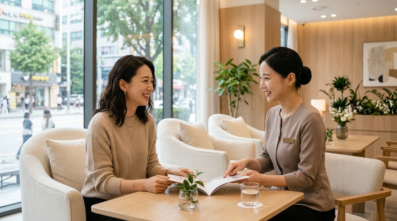 韓国ソウルの美容クリニックで日本人女性がカウンセリングを受けている様子