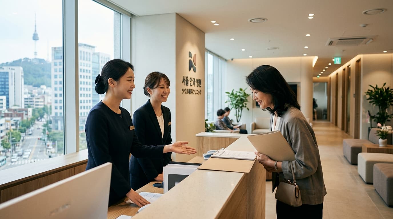 ソウルの眼科で日本人女性が受付・通訳と対面する様子