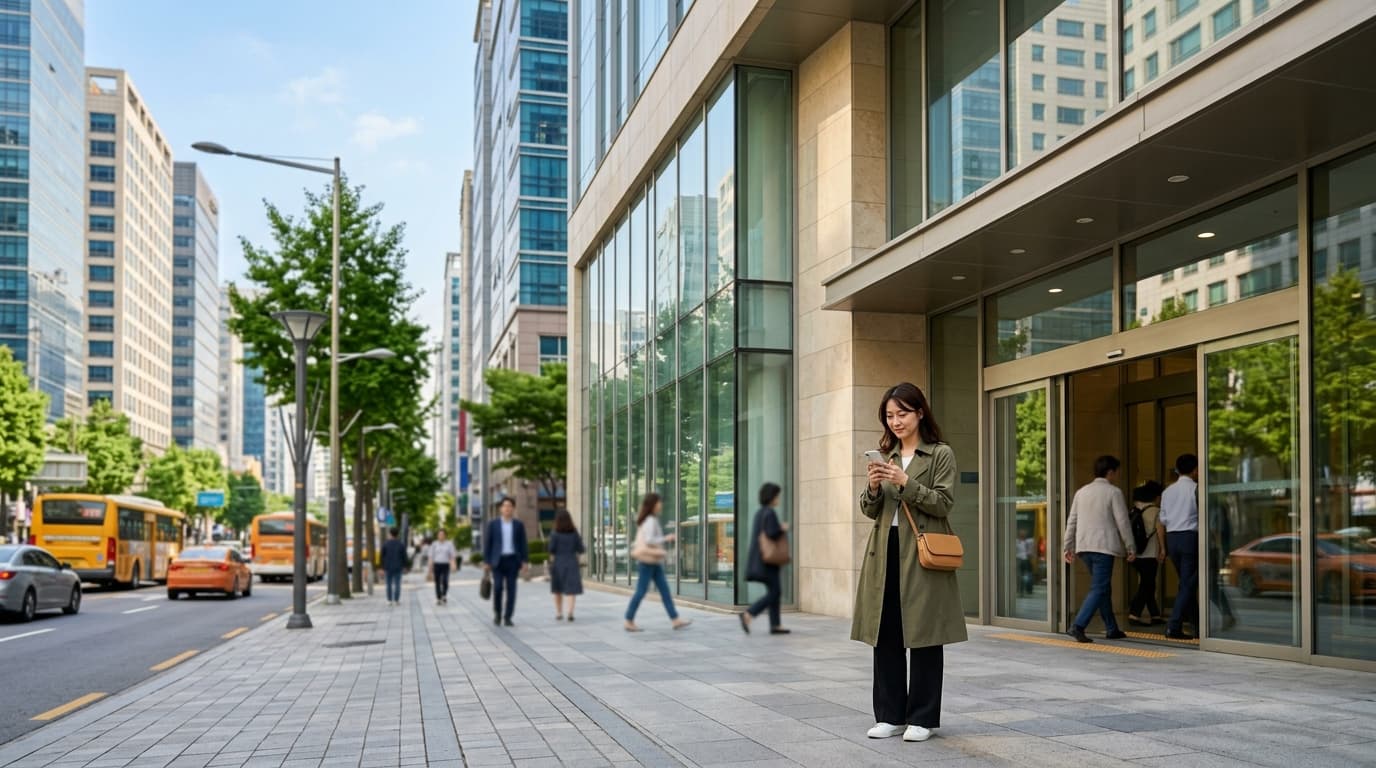 江南のID美容外科前でスマートフォンを見る日本人女性
