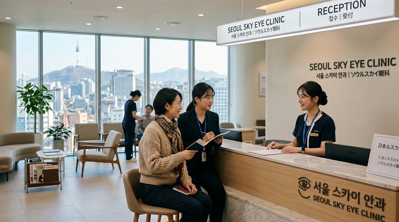 ソウルの眼科ロビーで日本人女性が通訳と受付をしている様子